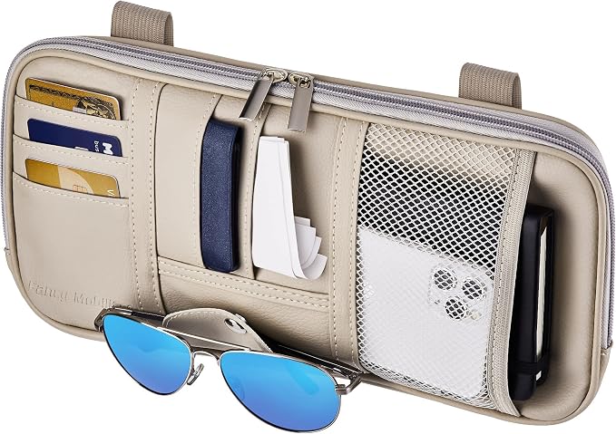 Car Sun Visor Organizer – Car, SUV, Truck Interior Accessories - Magnetic Glasses Holder & Full Length Horizontal Pockets, Allows Safe Driving - 12.2 X 6.1 In, Beige