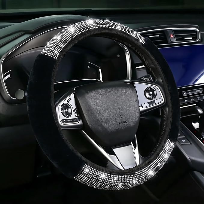 Bling Steering Wheel Cover Black Fluffy Rhinestone for Women Girls | White Diamond Elastic Car Steering Wheel Accessories Sparkling Fur Steering Wheel Protector Warm Universal Fit 14-15 inch