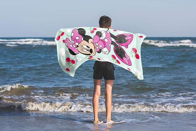 Kids Beach Towel - 100% Cotton Super Soft Absorbent Bath Towel, 28" x 58" Inch Lightweight for Travel, Official Licensed Product, Green - Minnie Mouse