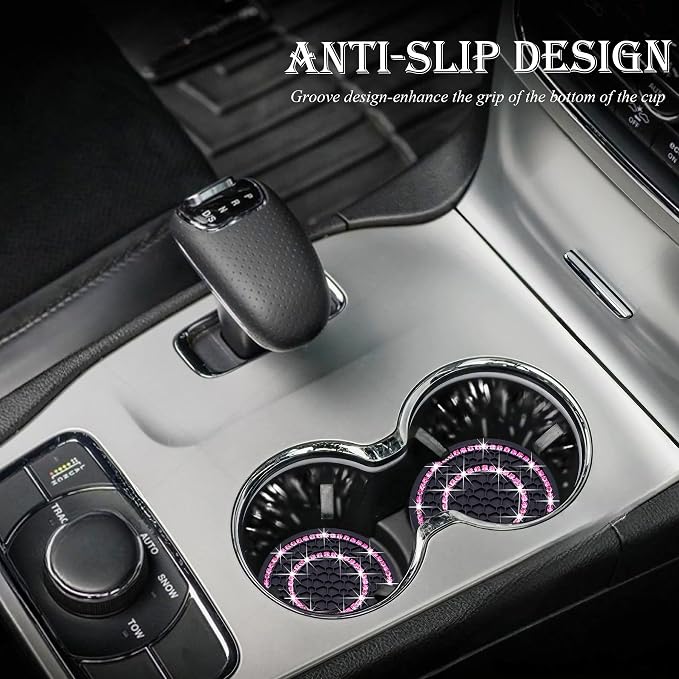 4PCS Bling Crystal Rhinestone Cup Holder Coaster, 2.75 inch Soft Silicone Anti-Slip Shockproof, Car Cup Holder Insert Coasters, Universal Car Interior Accessories for Women (Black & Pink)