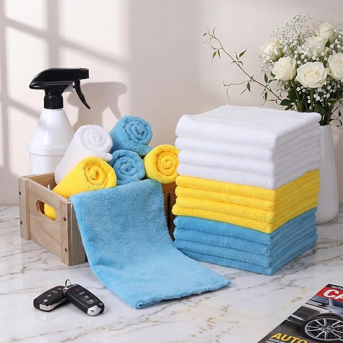30 Pcs 16 x 16 Inch edgeless Microfiber Plush Towels for Cars Detailing Drying Wash Polishing Absorbent Cleaning Cloths, 500 GSM (Light Blue, White, Yellow)