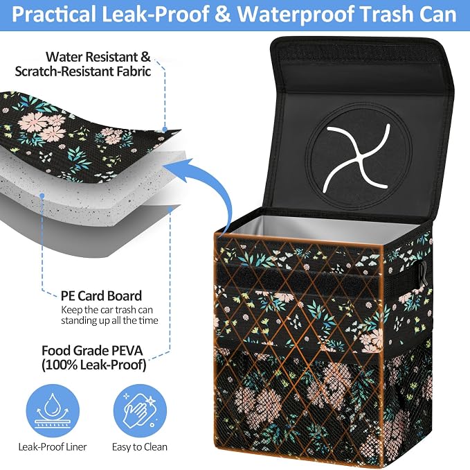 Car Trash Can Bin for Back Seat Leak Proof, Cute Car Trash Bag Hanging, Vehicle Trash Can for SUV Truck Van, Automotive Garbage Cans Front Seat Colorful Floral, 2 Gallons