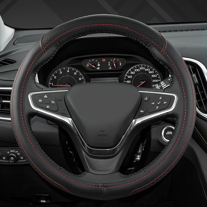 Customized Auto Car Steering Wheel Cover for Chevy 14.5-15 inches, Steering Wheel Cover for Chevrolet (Black+Red - Standard Size)
