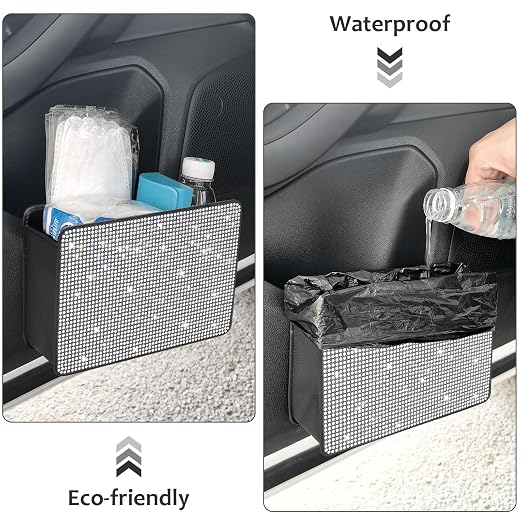 Bling Car Trash Can, Foldable Vehicle Trash Bin Dustbin Garbage Organizer Storage, Sparkling Crystal Rhinestone Trash Bags Holder Container with 30pcs Garbage Bag Car Accessories for Auto, SUV
