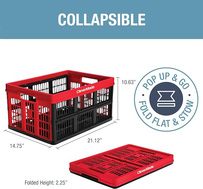 Collapsible Utility Crates - Red 1pck 45L / 11 Gal holds 66 lbs - Stackable Containers Heavy Duty Capacity Crates Space-Saving Baskets