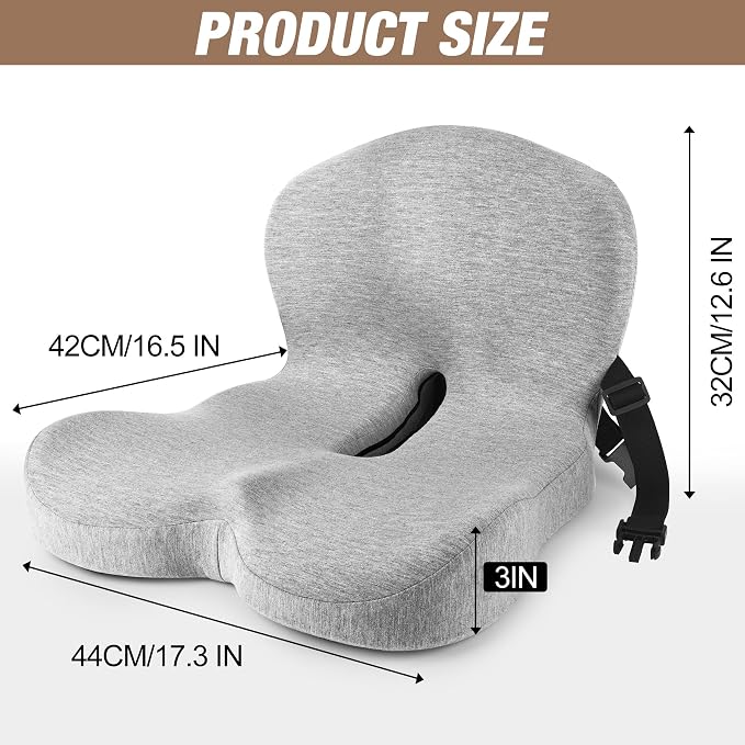 Truck Seat Cushion, Memory Foam Trucker Seat Cushion for Truck Driver Long Sitting with Adjustable Strap, Back Support and Pain Relief for Trucker Driving Office Chair and Pain, Light Gray