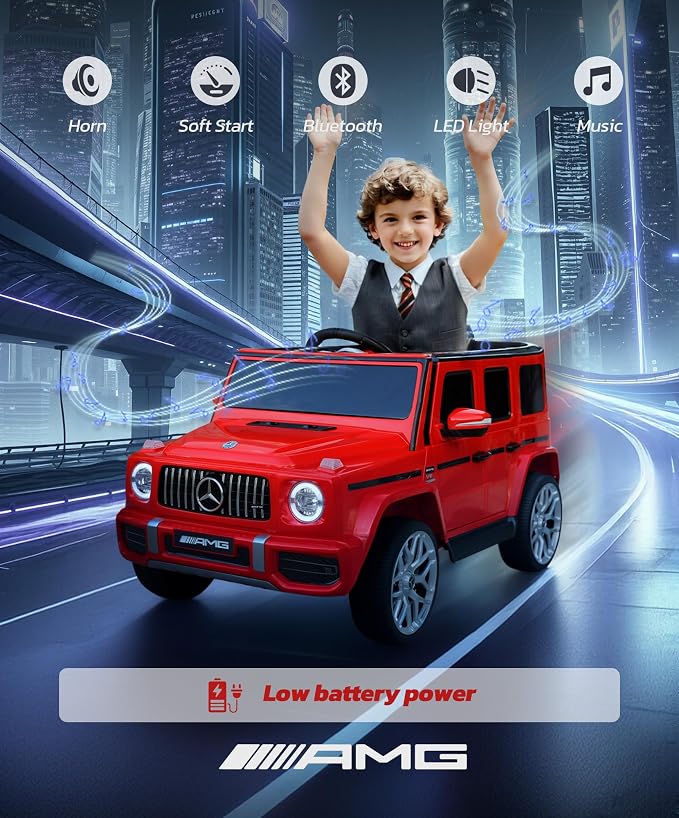 Licensed Mercedes-Benz AMG G63 Ride on Toys,Drivable Car for Toddler,Kids' Electric Vehicles,Dual Mode of Flashing Light/LED Light,Low Battery Prompt,Bluetooth,Music& Horn,Soft Start,Red