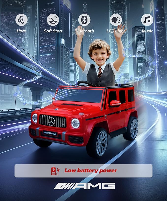 Licensed Mercedes-Benz AMG G63 Ride on toys,Drivable Car for Toddler,Kids' Electric Vehicles,Dual Mode of Flashing Light/LED light,Low Battery Prompt,Bluetooth,Music& Horn,Soft Start,Light Red