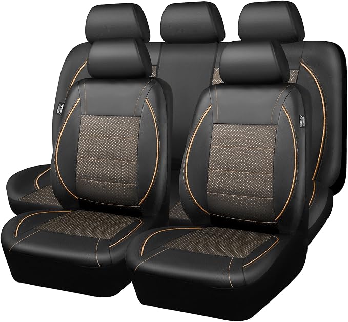 Piping PU Leather Car Seat Cover Full Set,Inside Zipper Design and Reserved Opening Holes,Airbag Compatible,Universal FIT for Car, SUVs,Van,Small Trucks（Full Set, Black & Gold）