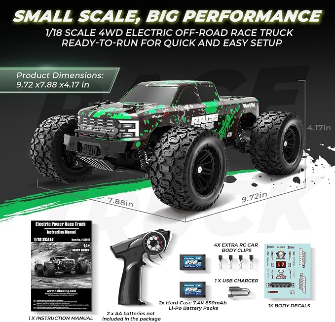 1:18 Scale RC Truck 18859E, 4X4 Off-Road Vehicle with Speeds up to 36km/h, Hobby Grade 2.4GHz Remote Control, Water-Resistant Electronics, Two 7.4V Li-Po Batteries for Extended Playtime