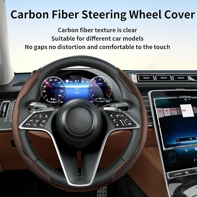 2Pc Carbon Fiber Steering Wheel Cover Universal Fit 99% Cars | Non-slip soft grip, easy to wipe clean, quick to install, perfect for daily commutes and road trips, Brown