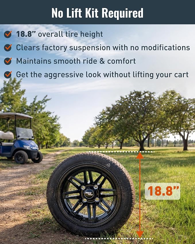 12 inch Golf Cart Wheel Tire Combo Kit, RT103 Gloss Black 12x7 Rim 215/40-12 Low Profile Tire, No Lift Kit Required, Fits Club Car Precedent EZGO TXT RXV Yamaha G1-G29, One Single
