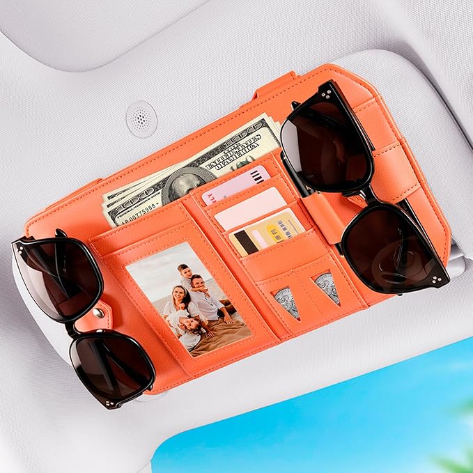 Car Sun Visor Organizer, Multi-Pocket Auto Interior Storage Pouch with Secure Metal Clip Hook and Loop Straps, PU Leather Visor Case for Sunglasses, Cards, Photos, Pen, Universal Fits (Orange)