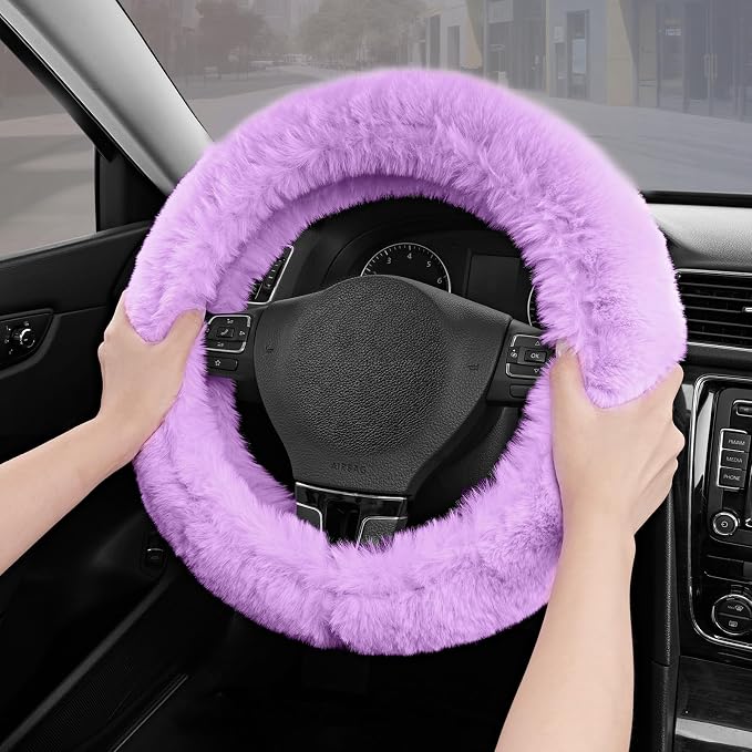 Steering Wheel Cover, Fluffy Car Wheel Covers for Women/Girls/Ladies，Soft Wool Fur Steering Wheel Protector, Universal 14 1/2 inches to 15 inches - Purple