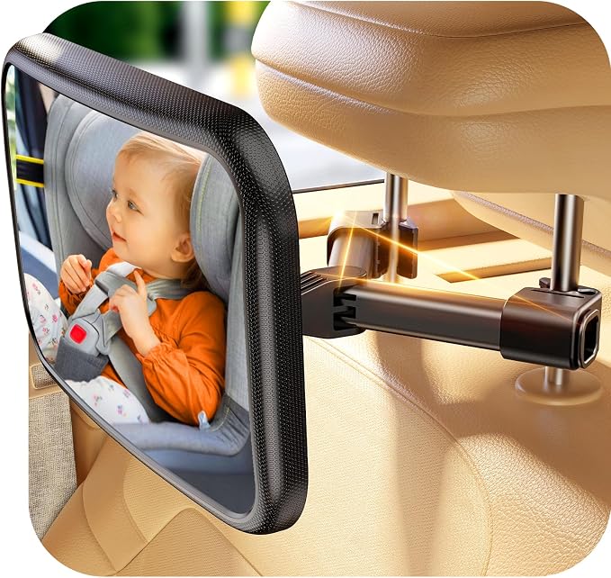 Baby Car Mirror for Baby, Stays Stable Hook Clip (No Strap), Baby Mirror for Car Seat Mirror Rear Facing, Easy Install, Back Seat Mirrors for Car, ShatterProof & Crash Tested Baby Shower Gifts