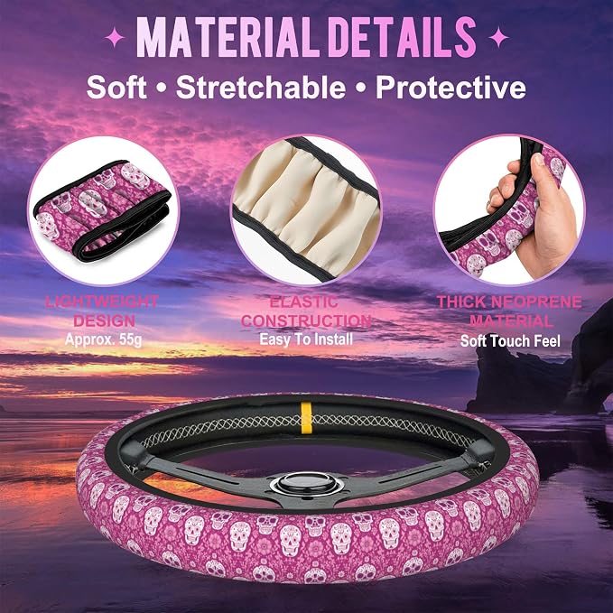 Day of the Dead Sugar Skull Steering Wheel Cover for Women Men Neoprene Breathable Pink Floral Wheel Cover Protector Anti-Slip Car Accessories Universal 15 Inch Fit for Cars Trucks Vehicles