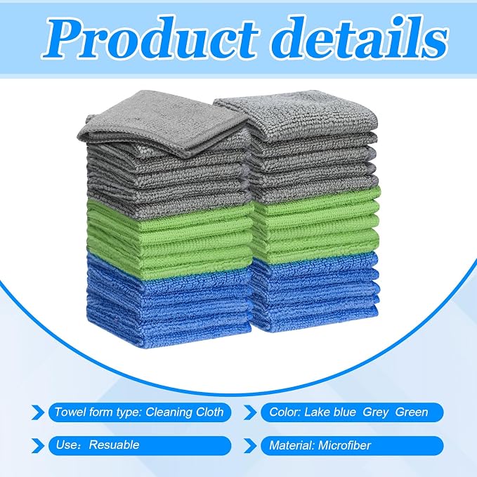 Cleaning Cloth Dry Erase Cloth Cleaning Rags Reasonable Kitchen Towels Microfiber Towels Cars Wash(6 x 6 Inch,Gray/Green/Blue,30 Pcs)
