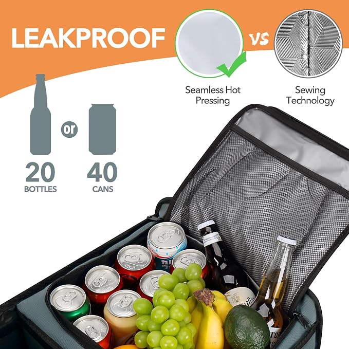 Large Trunk Organizer With Built-in Leakproof Cooler Bag, 2 Tie-Down Straps, 4 Removable Dividers, Foldable Cover, Built with 2mm PE Board, Gray
