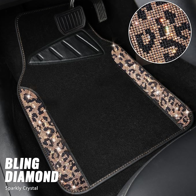 Bling Diamond Car Floor Mats, Shining Rhinestone Carpet Sparkly Glitter Crystal with Anti-Slip PVC Heel Pad Waterproof Universal Fit Automotive SUV,Sedan,Van,Cute Girl Women,4pcs Gold Leopard