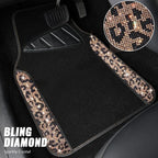 Bling Diamond Car Floor Mats, Shining Rhinestone Carpet Sparkly Glitter Crystal with Anti-Slip PVC Heel Pad Waterproof Universal Fit Automotive SUV,Sedan,Van,Cute Girl Women,4pcs Gold Leopard