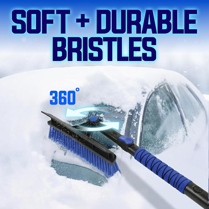 45" Multi-Purpose Ice Scraper and Extendable Snow Brush for Car Windshield with Foam Grip and 360-Degree Pivoting Brush Head, SJEG-SB45S
