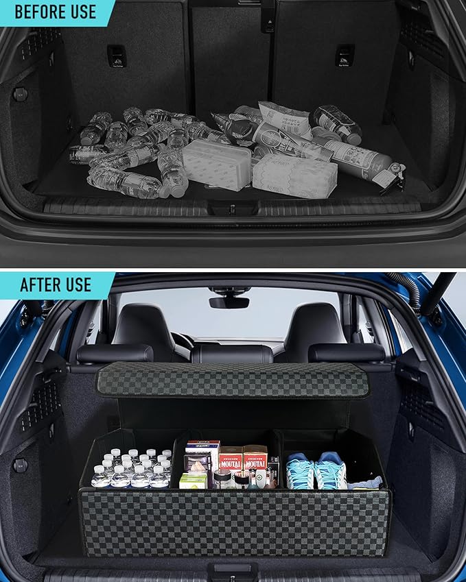 Car Trunk Organizer for SUV and Sedan, Blue-Gray, 29.5 inches | Unique Blue‑Gray Plaid, Extra Large, Leather Storage Box, Magnetic Lid, Collapsible & Adjustable, Water‑Resist & Dust‑Proof
