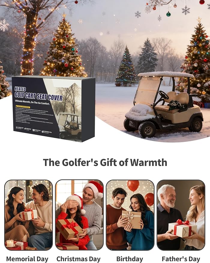 Golf Cart Seat Cover with 12V Car Plug, 50" × 31", Non-Slip Winter Golf Cart Seat Towel Blanket with 2 Front Pockets, Fits for EZGO, Yamaha, Club Car and More 2 Person Seats Golf Carts