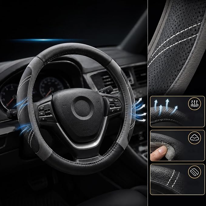 Leather Large Steering Wheel Cover 14 1/2 inch to 15 inch Universal, Soft Grip Breathable for Car Truck SUV Jeep Anti Slip Gray