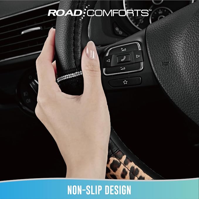 Leopard Steering Wheel Cover for Women, Cute Anti-Slip Microfiber Leather, Universal Fit 14.5-15 Inch Round Steering Wheel - Black