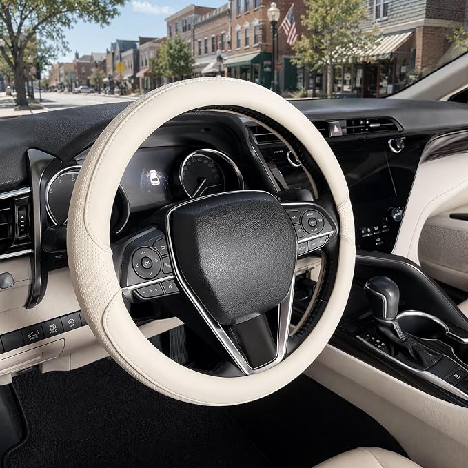 Steering Wheel Cover Universal Standard Size 14.5-15 inch, Non-Folding Packaging, Microfiber Leather, Anti-Slip, Soft Grip, Fits Most Cars SUVs Trucks, Light Creamy White