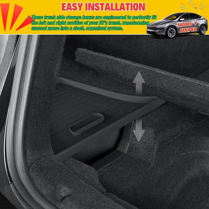 Rear Trunk Storage Bins with Lids for 2026 Tesla Model Y Juniper | Trunk Organizers Add Floor and Cargo Space, TPE Waterproof, Handle Design, Easy to Clean - 2 Pack