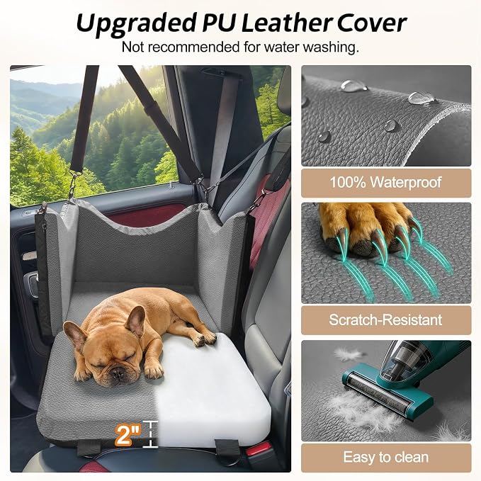 PU Dog Car Seats for Small Medium Dogs, Wipe Clean Waterproof Dog Booster Seat with 2.5 inch Cushion, Thickened 2 inch Memory Foam Pet Car Seats with Safety Belt and Storage Pockets