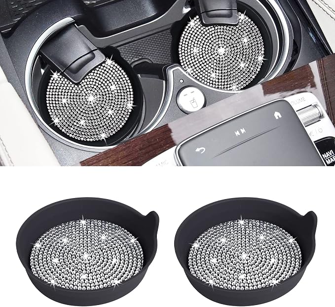 Car Cup Coaster Universal Non-Slip Cup Holders Bling Crystal Rhinestone Car Interior Accessories 2 Pack Black Whole Rhinestone