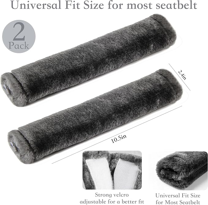Soft Faux Fur Universal Fit Seatbelt Cover Car Truck SUV Airplane Seat Belt Shoulder Pad for Carmera Backpack Straps Neck Cushion Protector 2 Pack 10.5in Dark Gray