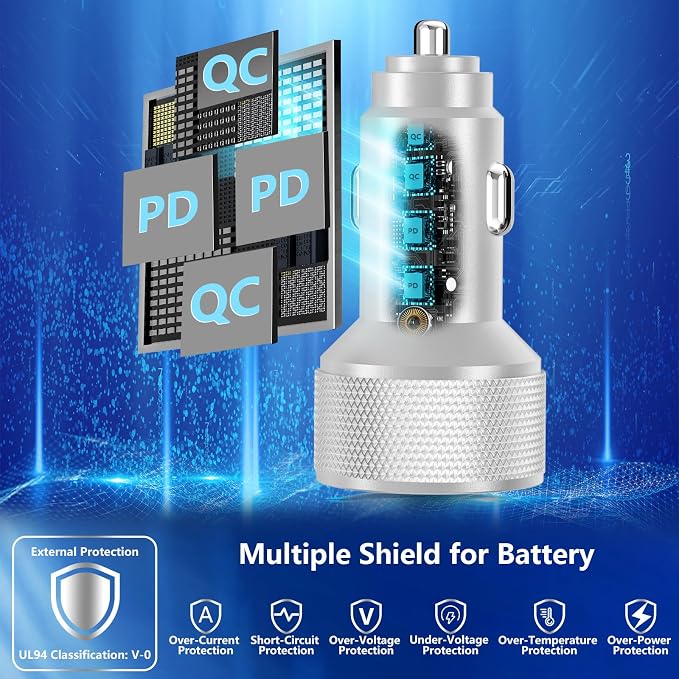 USB C Car Charger, KYOHAYA 2Pack 90W 4-Port Dual USB-C & USB-A Car Power Cigarette Lighter PD/QC3.0 Type C Car Carplay Charger Fast Charging for iPhone 17 17 Pro 16 15 14 13 12 11/Galaxy S26 S25/Pixel