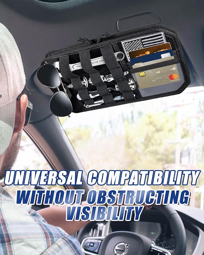 Heavy Duty Molle Car Sun Visor Organizer Tactical Pounch with Flag and Glasses Clip Store Your Daily Items for Most Cars, Trucks, SUVs, Compacts, 12.8"x6.9"x1.2"