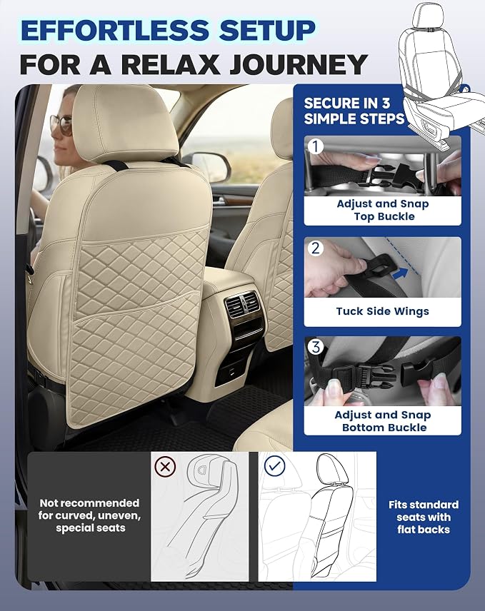 Seat Back Protectors for Kids, Car Kick Mats for Front Seats (Beige) | With Large Pocket Organizer, Waterproof, Protects Against Dirt, Scuffs & Scratches, Fits Most Vehicles, 2PCS