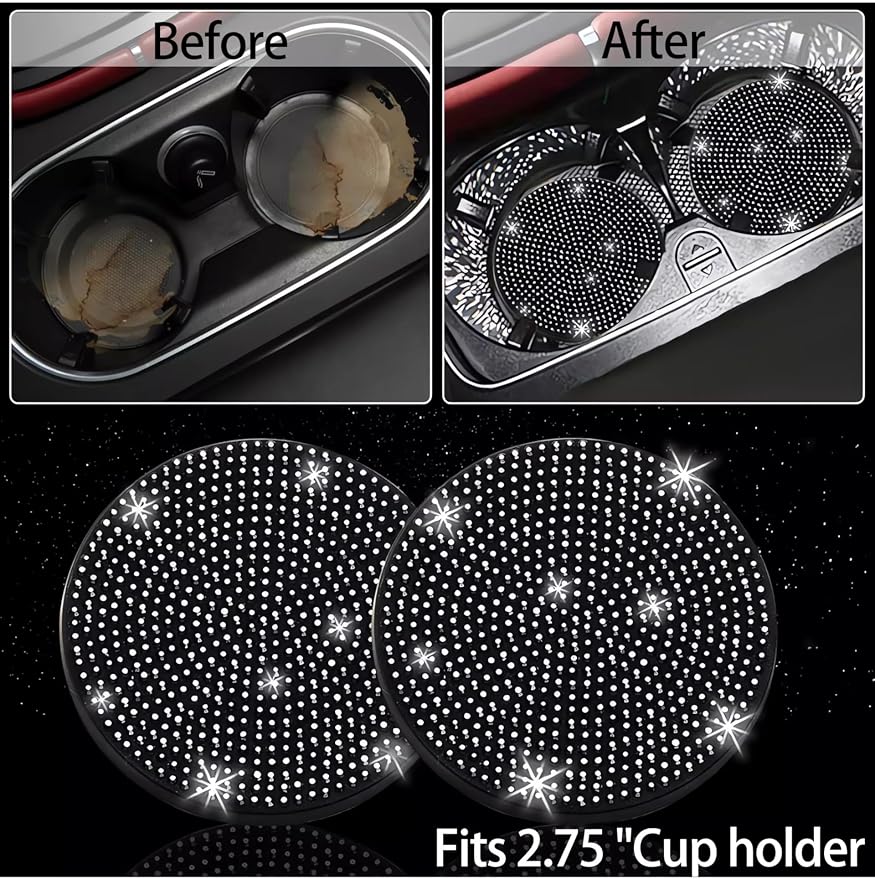 Bling Diamond Steering Wheel Cover with 2.75 inch Car Cup Holder Coasters, Sparkly Car Auto SUVs Interior Accessories for Women Girls, Universal Fit 14" 1/2-15" - Black