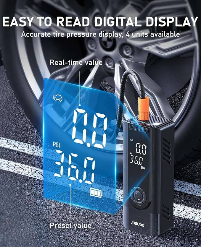 Tire Inflator Portable Air Compressor, Dual Power (Cordless & 12V DC) Air Pump for Car Tires, 150PSI Fast Air Pump for Moto, Bike, Large Capacity Battery, Digital Gauge with Emergency LED Light