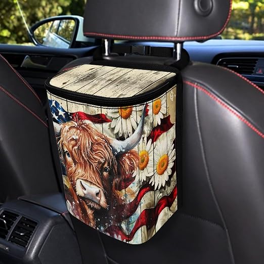 Highland Cattle Daisy Print Car Trash Can with Lid, American Flag Wood Leak Proof Auto Trash Bag Hanging Vehicle Garbage Can Multipurpose Storage Container for Back Seat Road Trip