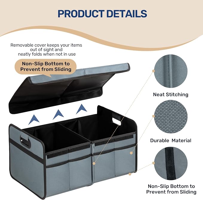 Car Trunk Organizer with Lid, Collapsible 2 Compartment Automotive Storage Box, 600D Waterproof Oxford Polyester 50L Travel Accessories, Anti-slip & Leak-proof, Grey-Green