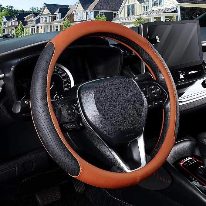 Steering Wheel Cover for 14.5-15 inch Wheels, Breathable PU Leather with Perforated Sides, Anti-Slip Grip, Universal Fit for Cars & SUVs, Black and Orange