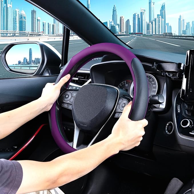 Steering Wheel Cover for 14.5-15 inch Wheels, Breathable PU Leather with Perforated Sides, Anti-Slip Grip, Universal Fit for Cars & SUVs, Black and Dawn Purple