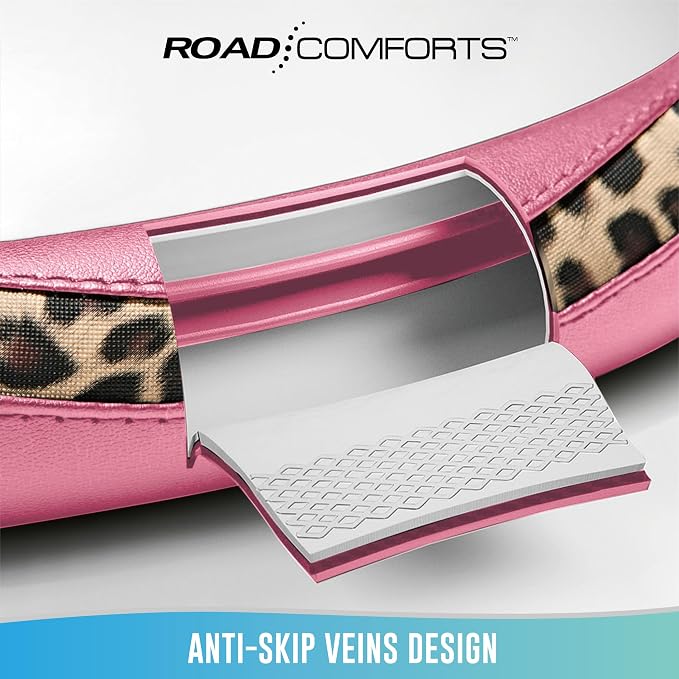 Steering Wheel Cover - Made with PVC Leather and Leopard Fabric - Universal 14 1/2 inches to 15 inches for Most Automotive Steering Wheel - Cheetah Print -Pink