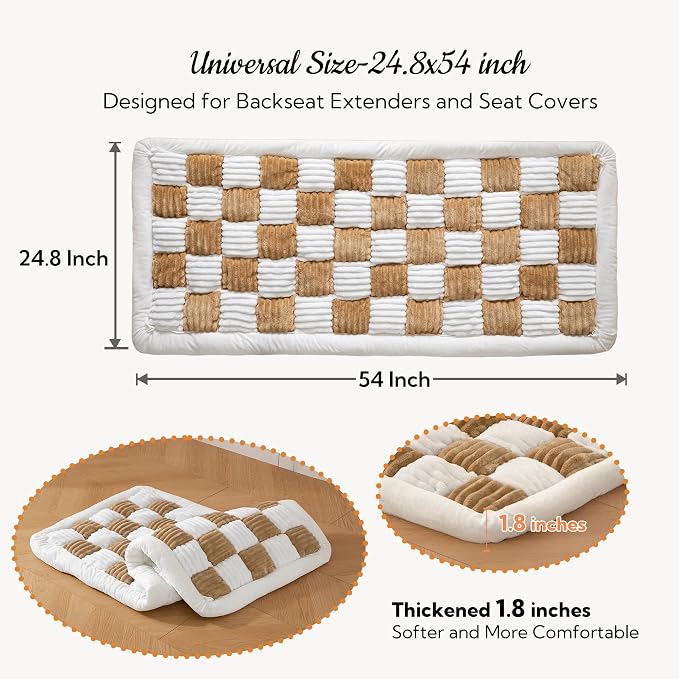 Dog Bed for Car Back Seat Soft Plush Backseat Pet Bed Mat Non-Slip Travel Pet Mat, Fuzzy Plaid Dog Seat Cover, Fit for Backseat Extenders and Trucks SUVs (Brown and White, 54" x 24.8")