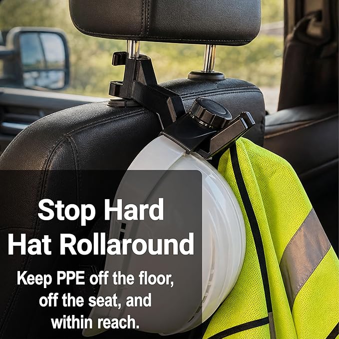 Hard Hat Holder for Truck Seat, Headrest Hook Hanger for Hardhat and Safety Vest Storage, No-Tool Twist-On PPE Organizer for Construction, Utility, Linemen, Miners, Black