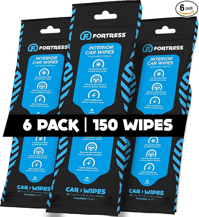 Car Interior Wipes (25 ct, Pack of 6) for Car Interior Cleaning, Dashboard, Seats, Detailing, and Steering Wheel [Travel Size] Skin-Safe Car Interior Cleaner Supplies