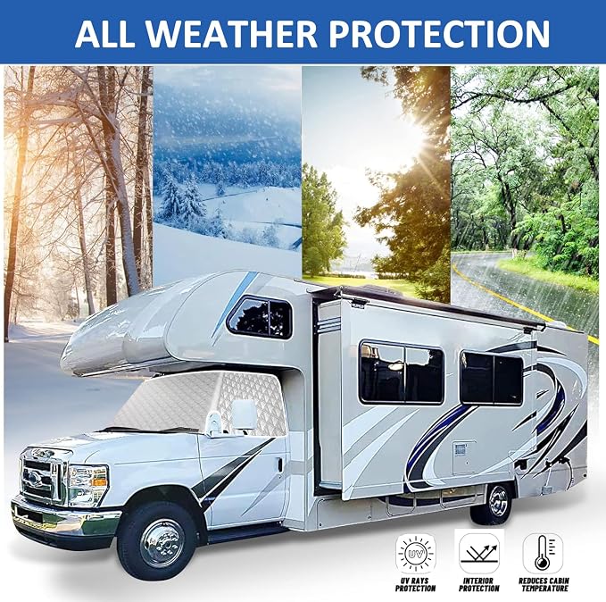 RV Windshield Cover for Class C Fo-rd 1997-2025 Motorhome, RV Windshield Window Snow Cover for Ice and Snow Front Window Sunshade Cover Block UV Ray, RV Accessories with Mirror Cutouts Silver