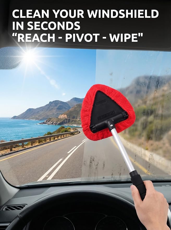 Window & Windshield Cleaner, Extendable, 3 Microfiber Pads (Red) | Pivoting Triangle Head Wiper Cleans Interior & Exterior Glass, 3 Washable Reusable Bonnets, Lint-Free