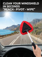 Window & Windshield Cleaner, Extendable, 3 Microfiber Pads (Red) | Pivoting Triangle Head Wiper Cleans Interior & Exterior Glass, 3 Washable Reusable Bonnets, Lint-Free
